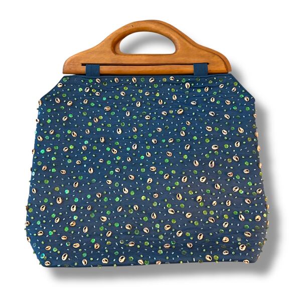 Vtg Doctor Bag Blue Satin Seashell Sequin Wood Top Handle Tote Retro Funky - Picture 1 of 10